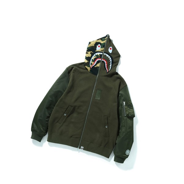 Army Green Men's A BATHING APE Military Shark Relaxed Fit Full Zip Throughs Hoodie | QND975608