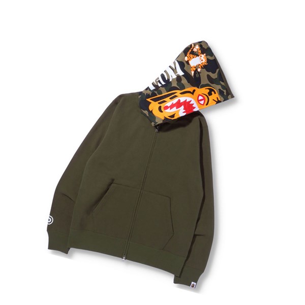 Army Green Men's A BATHING APE Tiger Full Zip Throughs Hoodie | JPH925630