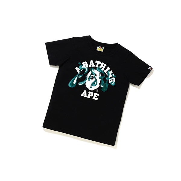 Black Women's A BATHING APE Marble Camo Liquid College Tee Short Sleeve T Shirts | PUX456217