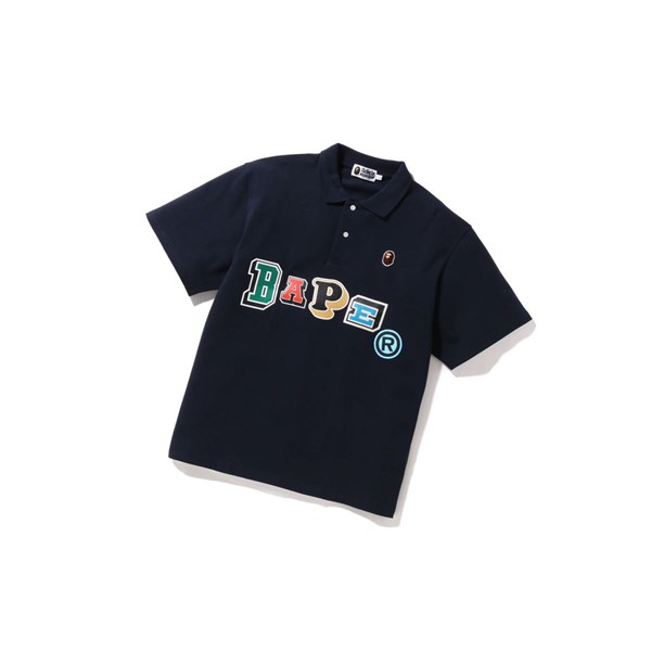 Navy Blue Men's A BATHING APE Multi Fonts Relaxed Fit Short Sleeve Polo | REV098137