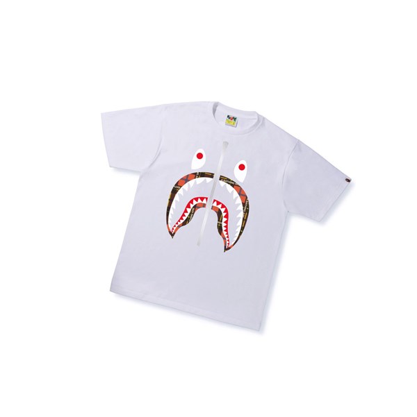 White Men's A BATHING APE Bape Logo Check Shark Tee Short Sleeve T Shirts | VDW378690