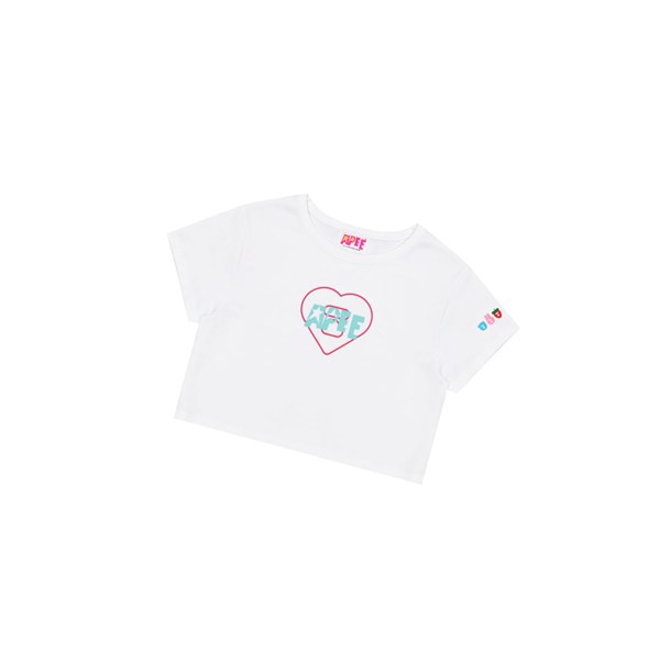 White Women's A BATHING APE Logo Printed Slim Cut Tee Short Sleeve T Shirts | QFC258461